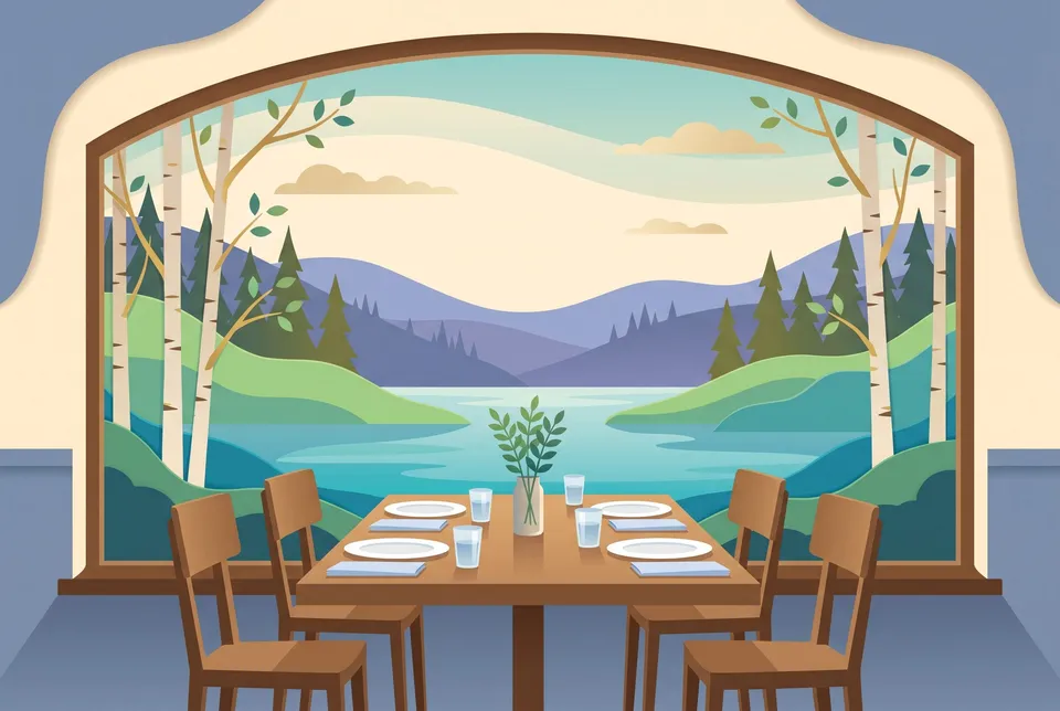 Flat illustration of a table set for four by a large window looking out over a lake and spring hills.